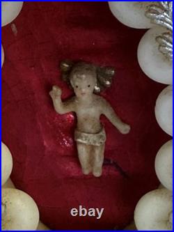 Antique Wax Baby Jesus Christ In Sacred Cradle Religious Miniature Scene Figure