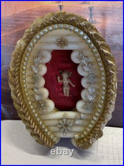 Antique Wax Baby Jesus Christ In Sacred Cradle Religious Miniature Scene Figure