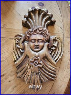 Antique Winged Religious Hand Carved Solid Wood Putti Angel Gold Painted 17.5