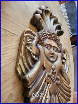 Antique Winged Religious Hand Carved Solid Wood Putti Angel Gold Painted 17.5