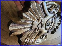 Antique Winged Religious Hand Carved Solid Wood Putti Angel Gold Painted 17.5