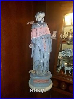 Antique Wood Carved St. Francis Statue Huge Rare Heavy Religious Figure Birds