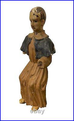 Antique Wood Polychrome Carved Santos Seated Religious Statue