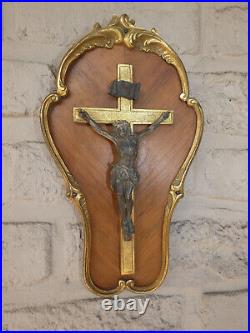 Antique Wood brass Wall plaque Crucifix religious christ