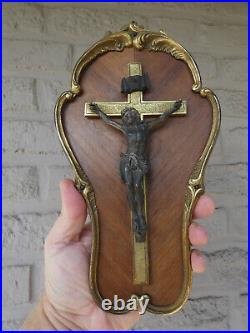 Antique Wood brass Wall plaque Crucifix religious christ