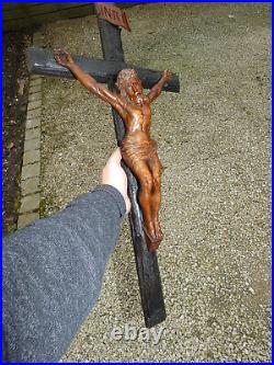 Antique Wood carved Large crucifix corpus religious cross