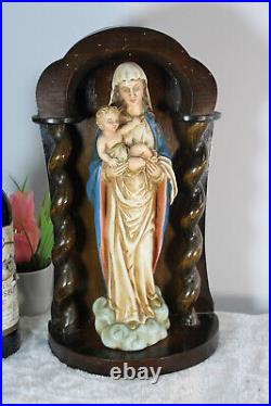 Antique Wood carved chapel chalkware madonna statue signed Guelfi religious