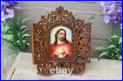 Antique Wood carved religious triptych porcelain jesus hand paint plaque