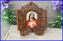Antique Wood carved religious triptych porcelain jesus hand paint plaque