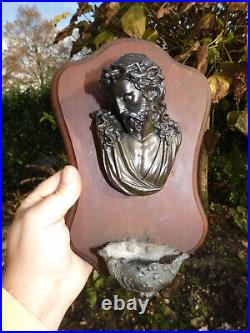 Antique Wood metal relief christ head Holy water font plaque religious