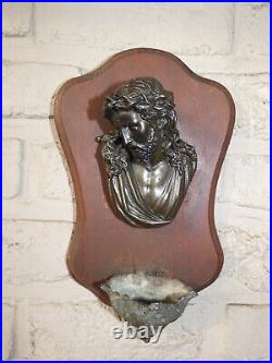 Antique Wood metal relief christ head Holy water font plaque religious