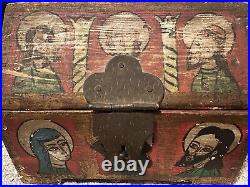 Antique Wooden Painted Religious Box Iron Hinges