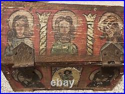 Antique Wooden Painted Religious Box Iron Hinges