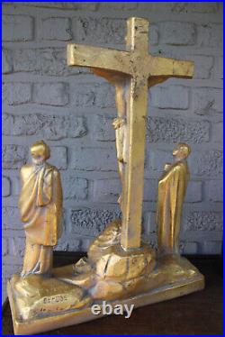 Antique XL Ceramic calvary crucifix group religious statue sculpture