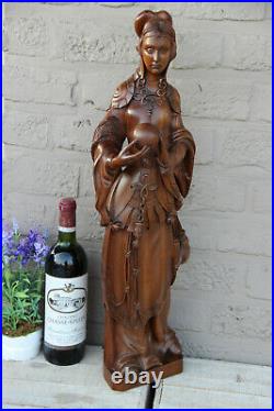 Antique XL Flemish wood carved statue Religious mary Burgundy signed artist