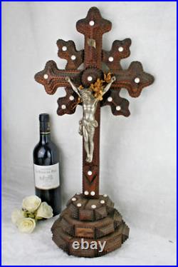 Antique XL French 1900 Tramp art folkloric handwork crucifix religious