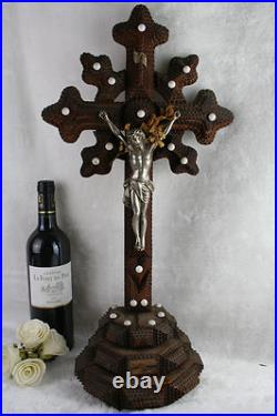 Antique XL French 1900 Tramp art folkloric handwork crucifix religious