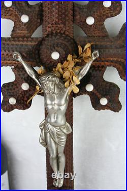 Antique XL French 1900 Tramp art folkloric handwork crucifix religious