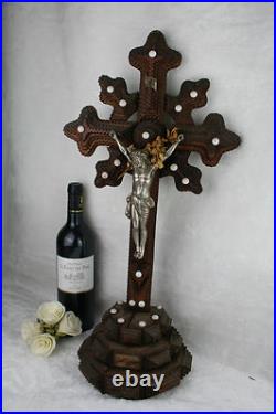 Antique XL French 1900 Tramp art folkloric handwork crucifix religious