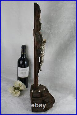 Antique XL French 1900 Tramp art folkloric handwork crucifix religious