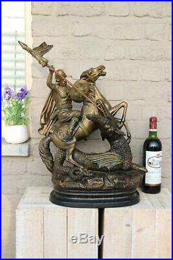 Antique XL French Group Terracotta Saint George Dragon Statue religious