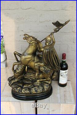 Antique XL French Group Terracotta Saint George Dragon Statue religious