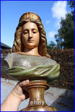 Antique XL French ceramic Bust statue SAINT CECILE religious church rare