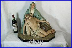 Antique XL French chalkware church pieta christ mary statue group religious