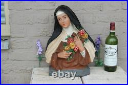 Antique XL French religious Chalkware buste Statue Saint therese marked