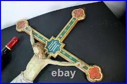 Antique XL French wood carved paint Chalkware christ crucifix cross religious