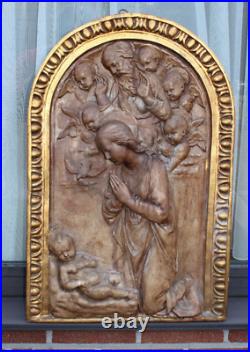 Antique XL ceramic religious wall plaque madonna god father baby jesus angels