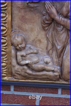 Antique XL ceramic religious wall plaque madonna god father baby jesus angels