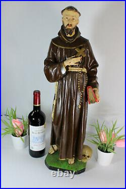 Antique XL french chalkware statue saint francis assisi skull religious