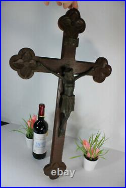 Antique XL french wood carved cross metal christ religious