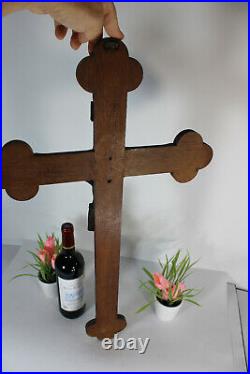 Antique XL french wood carved cross metal christ religious