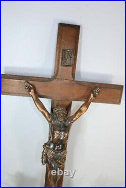 Antique XL french wood carved cross metal copper christ religious