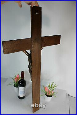 Antique XL french wood carved cross metal copper christ religious