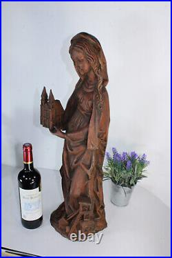Antique XL wood carved Saint BARBARA cathedral miners statue figurine religious