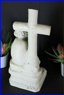 Antique bisque french porcelain figurine statue religious marked crucifix