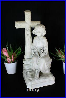 Antique bisque french porcelain figurine statue religious marked crucifix
