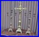 Antique-bronze-altar-church-candle-holders-crucifix-set-religious-rare-01-cj