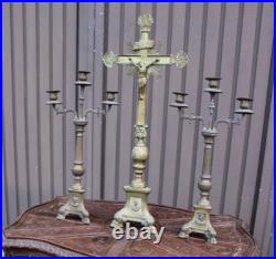 Antique bronze altar church candle holders crucifix set religious rare