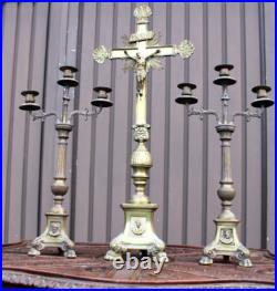 Antique bronze altar church candle holders crucifix set religious rare