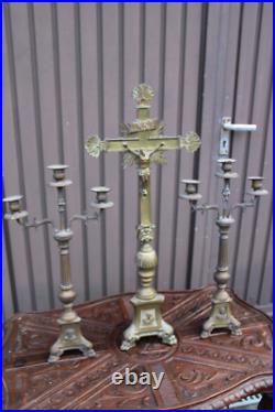 Antique bronze altar church candle holders crucifix set religious rare