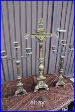 Antique bronze altar church candle holders crucifix set religious rare