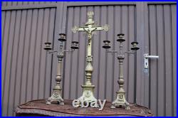 Antique bronze altar church candle holders crucifix set religious rare
