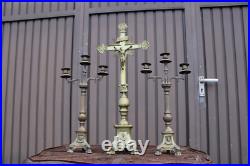 Antique bronze altar church candle holders crucifix set religious rare