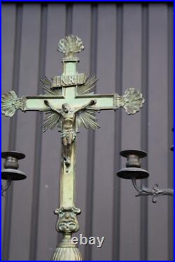 Antique bronze altar church candle holders crucifix set religious rare