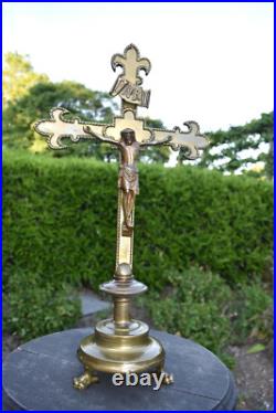 Antique bronze altar crucifix cross religious fleur lys symbol lion paws