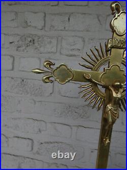 Antique bronze french altar crucifix sunburst fleur de lys religious